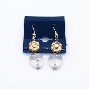 0054 Gold Flower and Clear Heart Dangle Drop Earrings